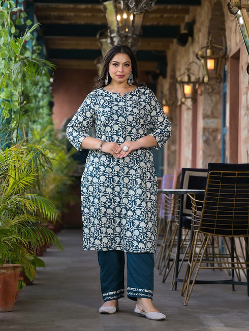 Women Plus Size Teal Pure Cotton Kurta Set